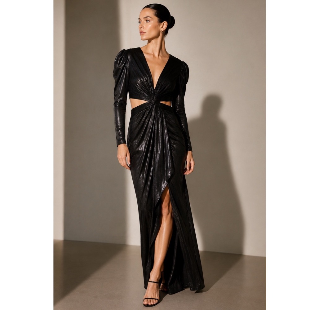NEW Ieena MAC DUGGAL FOILED JERSEY Black OPEN BACK Maxi DRESS Gown 27060 WOMEN 8